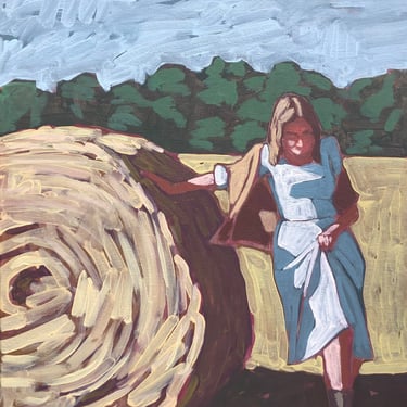 Woman in Field #15 - Original Acrylic Painting on Canvas 16 x 20 - gallery wall, fine art, sky, grass, dress, white, small, hay, bale, stack 