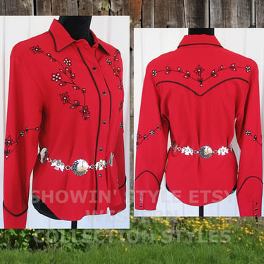 Vintage Women's Cowgirl Western Shirt by Western Collection Styles, Red with Black Embroidery, Rhinestones, Size Large (see meas. photo) 
