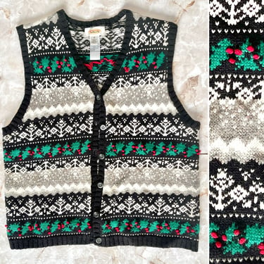 Holly Berry Sweater Vest, Fairisle, Tacky Holiday Sweater, Christmas Cardigan Ugly, Talbots, Size M 