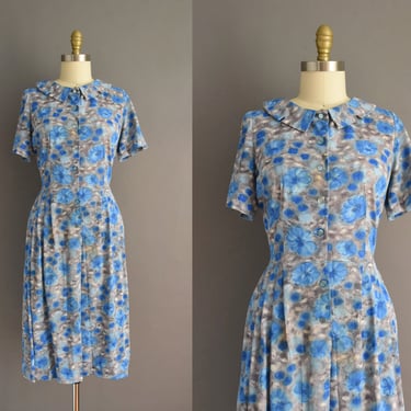 vintage 1960s dress | Casual Maker Blue Floral Print Short Sleeve Shirt Dress | Large 