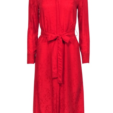 Sandro - Red Tiger Jacquard Button-Up Belted Midi Dress w/ Back Cutout Sz 4