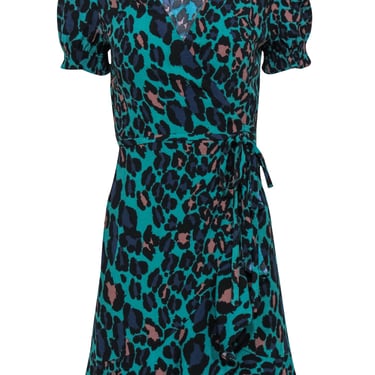 Diane von Furstenberg - Dark Teal &amp; Multicolor Leopard Print Puff Sleeve Wrap Dress Sz XS