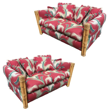 Restored "Big Kings" Plush Rattan Loveseat Sofa With 4 Strand Arms, Pair 