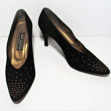 Pointed Toe Shoes, Vintage Stuart Weitzman Pumps, 9 AA Women, black suede, bronze studs 