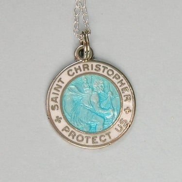 Vintage Sterling Blue and White Enamel Saint Christopher Pendant, Old St. Christopher Medal, Religious Medal (#4571) 