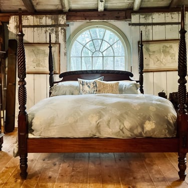 Custom Carved Tall Post Bed in Spanish Cedar, King Size with Carved Crown Headboard