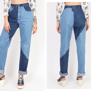 Vintage 1980s 80s 1990s 90s High Waisted Two Tone Patchwork Slouchy Fit Denim Jeans // Retro Jeans 
