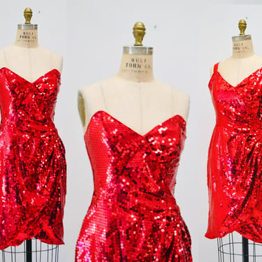 80s Prom Dress Red Sequins Small Medium// Vintage 80s Pageant Dress Red Sequin Strapless Dress 80s Metallic Prom Party Red Sequin Dress 