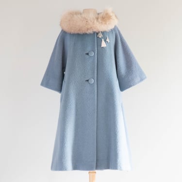 Iconic 1950's Powder Blue Lilli Ann Swing Coat With Fur Ring Collar / Medium