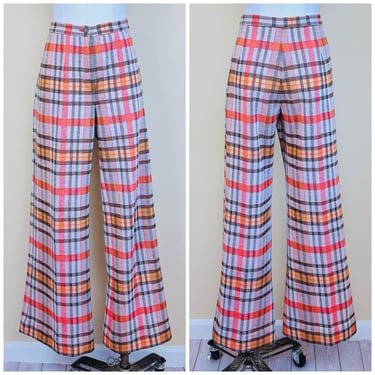 1970s Vintage Orange and Brown Act III Bell Bottoms / 70s Acrylic High Waisted Plaid Trousers / Size Large 