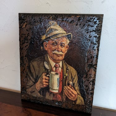 Vintage Old Man Drinking out of Stein Signed Tauber Wood Plaque 