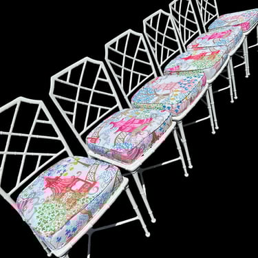 Beautiful vintage faux bamboo Calcutta side / dining chairs (6) Brown Jordan (?) with all new chinoiserie removable cushions 