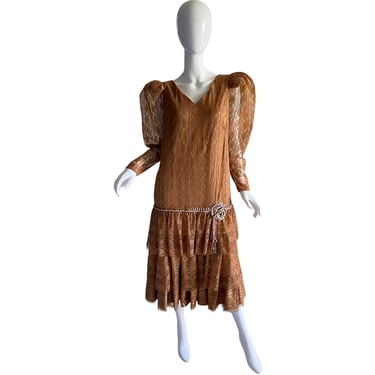 80s Lace Sequin Tiered Dress / Vintage Victorian Party Wedding Dress / 1980s Macrame Fringe Shift dress XL 