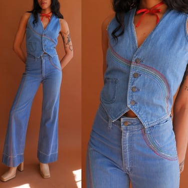 Vintage 70s Rainbow Stripe Denim Vest and Bell Bottoms/ 1970s Faded Glory Suit/ Size Small 