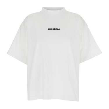 Balenciaga Men White Crewneck T-Shirt With Logo Lettering Embroidery On Front And Rear In Cotton Man