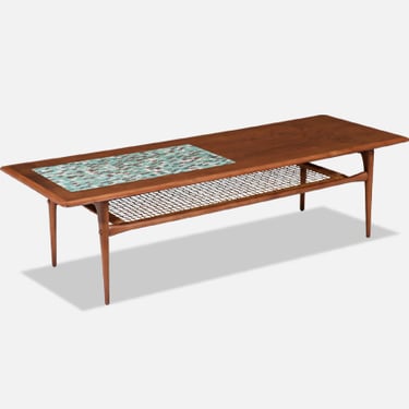 Danish Modern Coffee Table with Mosaic Top & Cane Shelf by Selig