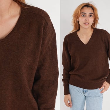 Brown Wool Sweater V Neck Sweater 80s Pullover Slouchy Plain Knit Vintage 1980s Cozy Jumper Solid Fall Sweater Medium 