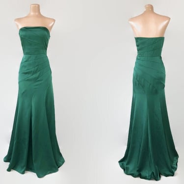 VINTAGE 90s does 30s Green Liquid Silk Satin Strapless Mermaid Evening Gown | 1990s does 1930s Formal Prom Dress | Party Dress By BCGB Sz 10 