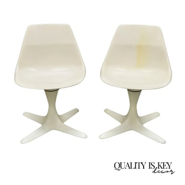 Mid Century Modern Burke Style Propeller Base Small White Swivel Chairs - a Pair