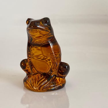 Lalique Crystal Frog Figurine in Dark Amber. A Vintage Collectible Signed Glass Paperweight in Box 