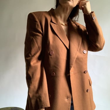 Vintage Cocoa Brown Worsted Wool Double Breasted Blazer, Linda Allard for Ellen Tracy Blazer, Large 