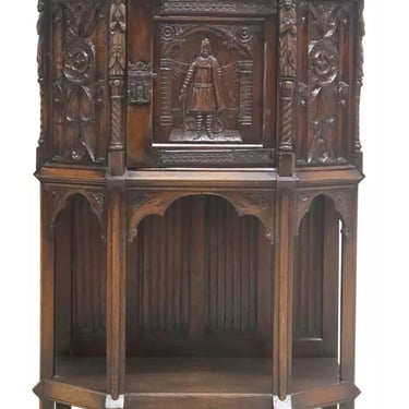 Antique Credence Cupboard, French Gothic Revival, Carved, Oak, Figural, 1800's!