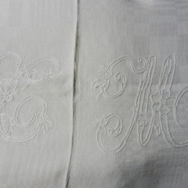 Large Tablecloth Rectangle Monogram "C M" Vintage Linen Damask Banquet Cloth~ Fine White Embossed French Wedding Floral Embroidery 