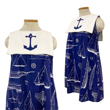 Vtg Vintage 1970s 70s Anchor Applique Bibbed Novelty Nautical Print Mini Dress 