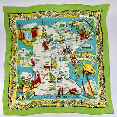 1950'S MINNESOTA Souvenir Scarf - Land of 10,000 Lakes - Tourist Scarf - All Silk - Rolled Hem - 30 Inches x 31 Inches 