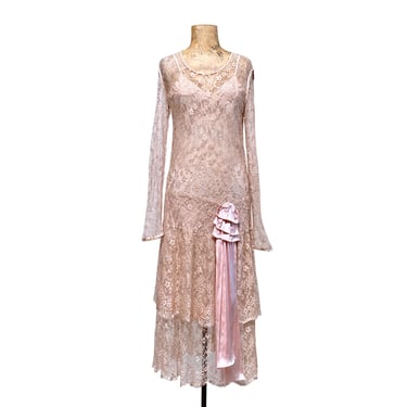 Vintage 1920s Blush Pink Lace Evening Gown, Sheer Art Deco Drop-Waist Bias Cut Dress - Wedding Party - Special Occasion, 34
