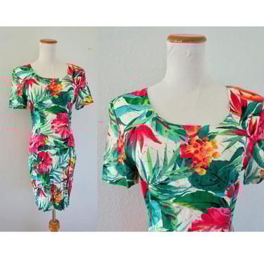 Vintage Tropical Floral Print Dress - Women's 90s Flower Print Summer Dress - Size Small 