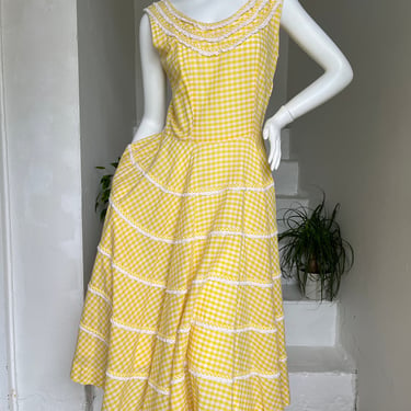 Lemon and White Gingham and Lace Tiered Sundress 36 Bust Vintage 