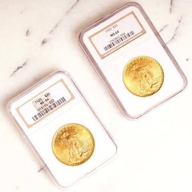 Vintage 1925-P MS64 NGC Graded Saint Gaudens Double Eagle Twenty Dollar Gold Coin, Original Seal Protective Case, Uncirculated 90% Gold Coin 