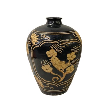 Chinese Ware Black Brown Glaze Ceramic Bird Vase Display Art ws3028E 