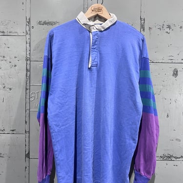 Vintage 90s Thatcher & cross Striped Pattern Rugby Style Sportswear Casual Fashion Multi color Collar Long Sleeve Shirt Large Mens 