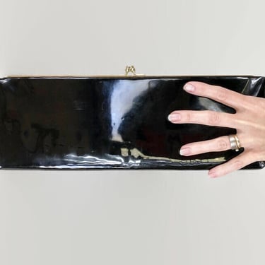 VINTAGE 1950s Extra Long Black Patent Envelope Clutch Purse With Striped Taffeta Lining | 50s MCM Kiss Lock Closure Handbag Pocketbook | vfg 