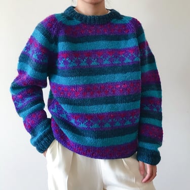 vintage lopi sweater vintage wool sweater handmade himalayan wool raglan sweater pullover sweater unisex sweater green purple size M 