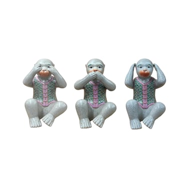 Set 3 Vintage Gray Green Dress No Evils Ceramic Art Monkey Figures ws4739E 