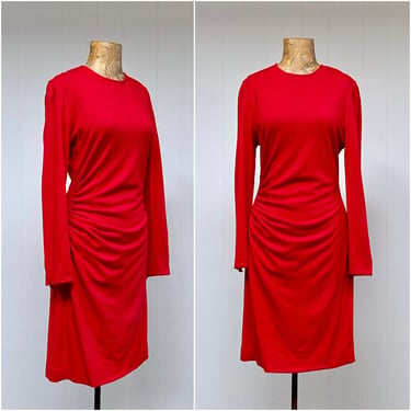 Vintage 1980s Ungaro Dress, Ruched Red Wool Jersey Body Con Style, French Designer Size 12, 38