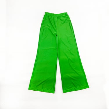 1970s Ship N Shore Lime Green Elastic Waist Bell Bottoms / Stretch / Wide Leg / Disco / Small / 24-28 Waist / Bright / Solid / Color Block / 