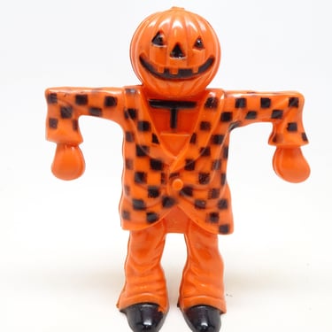 Vintage 1950's Halloween Candy Container, Scarecrow Man with Jack-o-lantern Head, Plastic Pumpkin Ornament 