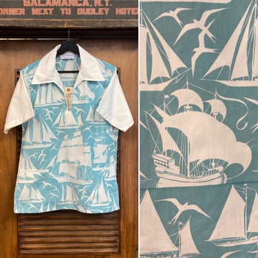Vintage 1960’s Atomic Nautical Tiki Pull Over Cabana Boat Print Hawaiian Shirt, 60’s Vintage Clothing 