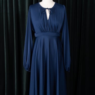 Beautiful 1970s Navy Blue Empire Waist Dress with Tie Keyhole Neck and Balloon Sleeves 