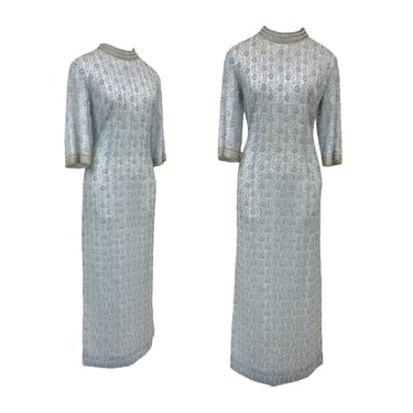 Vtg Vintage 1960s 60s Designer Ice Blue Silver Lace Pearl Beaded Shift Dress 