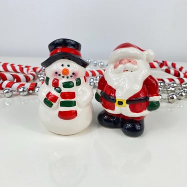 Vintage Santa Claus and Snowman Salt and Pepper Shaker Set, Frosty the Snowman, Snowman with scarf, Adorable Santa Circa 1990s Holiday Decor 