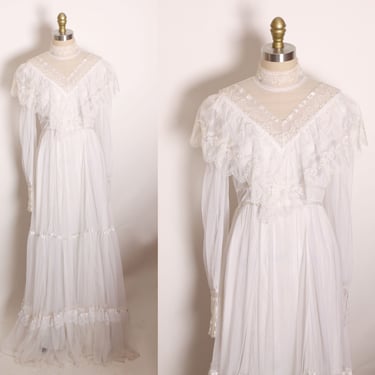 1970s White Lace Sheer Bodice Ruffle Collar Long Sleeve Full Length Bridal Wedding Dress by Gunne Sax Romantic Renaissance Bridal Collection 