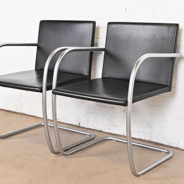 Mies Van Der Rohe for Knoll Black Leather and Chrome Brno Chairs, Pair