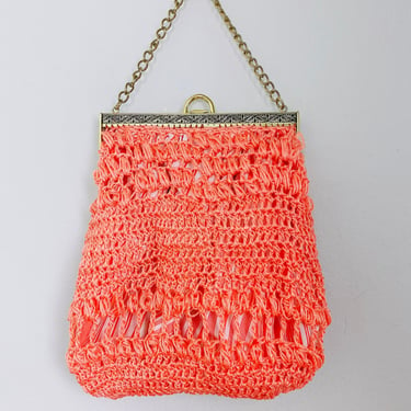 1970s Vintage Peachy Pink Crochet / Fully lined Top Handle Bag / Purse 