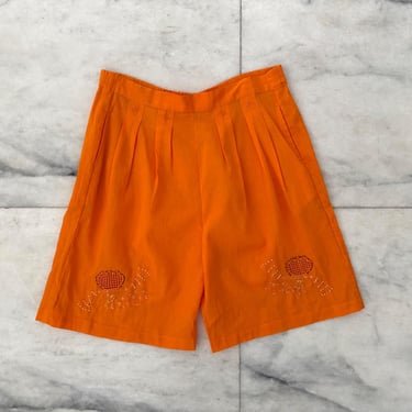Women’s Vintage Shorts Orange Beaded High Rise Pull On Cotton Sheer Womens Large 