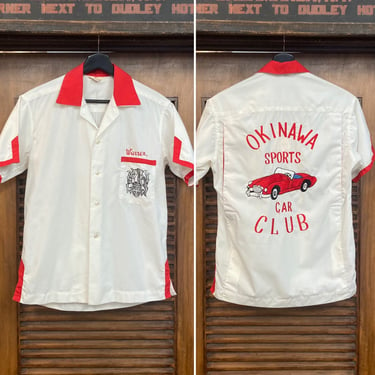 Vintage 1960’s Made in Japan Car Club Cotton Embroidered Bowling Shirt, Okinawa Car Club, 60’s Vintage Clothing 